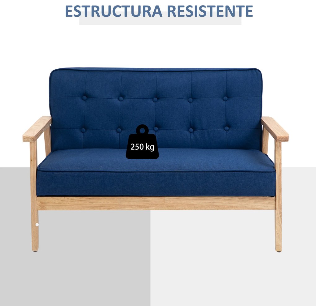 HOMCOM Sofá de 2 Lugares com Encosto e Almofadas Acolchoados Pés de Madeira Antiderrapantes para Sala de estar Dormitório Oficina 114x61x71 cm Azul