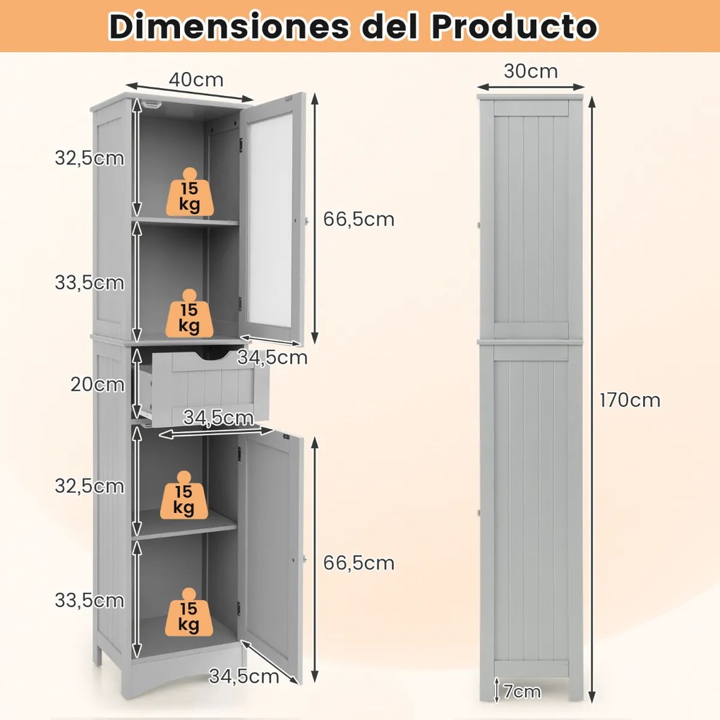 Armário Alto de Casa de Banho com 2 Portas e 1 Gaveta, 40 x 30 x 170 cm, Prateleiras Ajustáveis, Cinzento