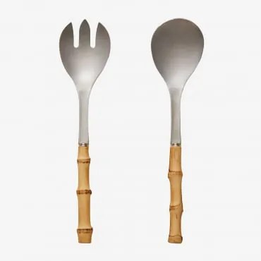 Cubiertos De Salada Em Aço Inoxidável Com Cabo Em Bambu 2 Peças Visola Cinza Cromado - Sklum