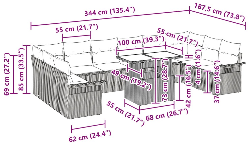 Conjunto de Sofás de Jardim de 11 Peças com Almofadas de Rattan Preto