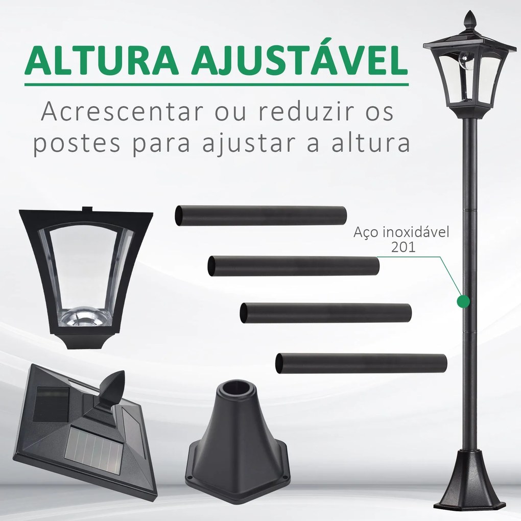 Candeeiro Solar de Jardim – 18x18x160 cm – Preto – Estrutura em Aço In