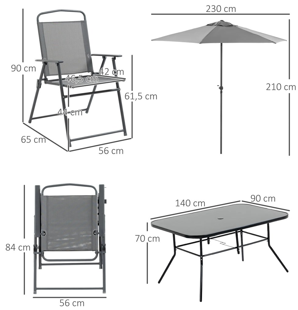 Outsunny Conjunto de Móveis de Jardim 8 Peças com 6 Cadeiras Dobráveis Mesa com Bancada de Vidro e Chapéu de Sol Inclinável Proteção Solar para Terraço Exterior Cinza