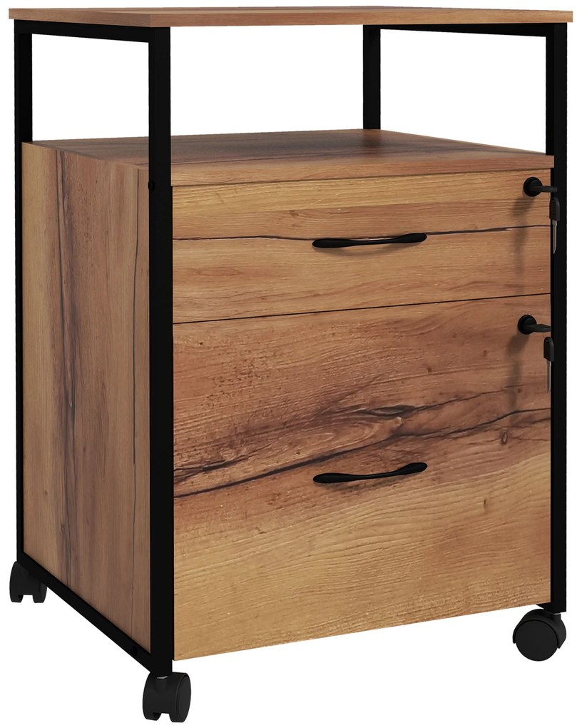 Vinsetto Bloco de Gavetas com Fechadura Rodas 2 Gavetas Barra Suspensa para Papéis A4 e Carta e 2 Chaves 44x40x66,5 cm  Marrom Rústico