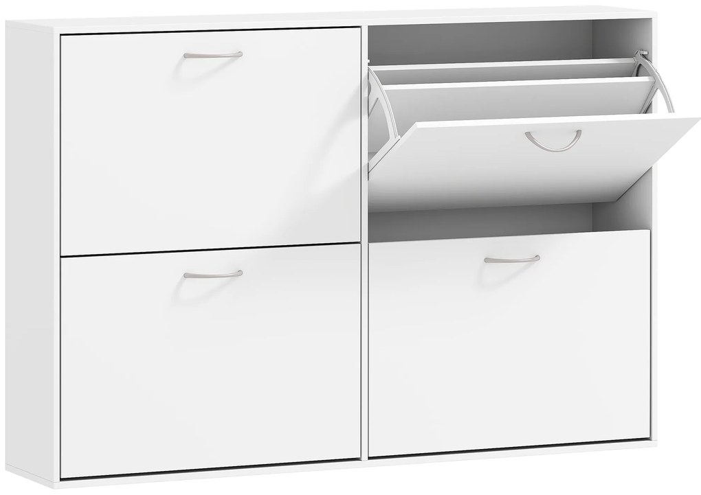 HOMCOM Sapateira Moderna com 4 Gavetas Abatíveis e Prateleiras Ajustáveis para 16-24 Pares de Sapatos 120x24x81 cm Branco | Aosom Portugal