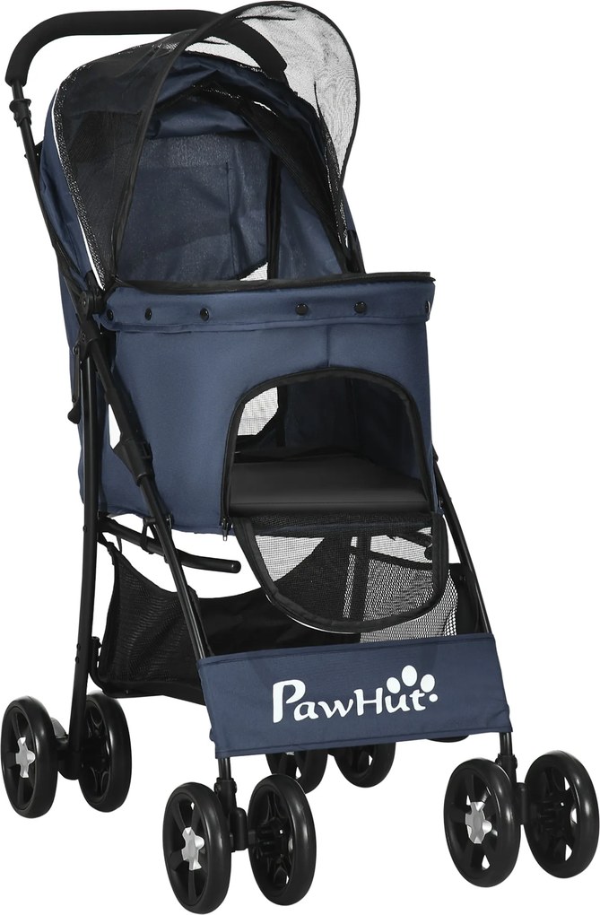 PawHut carrinho para cães dobrável, 1 cesto, 1 almofada, 1 bolso lateral, 81 cm x 48 cm x 99 cm, Cinza | Aosom Portugal