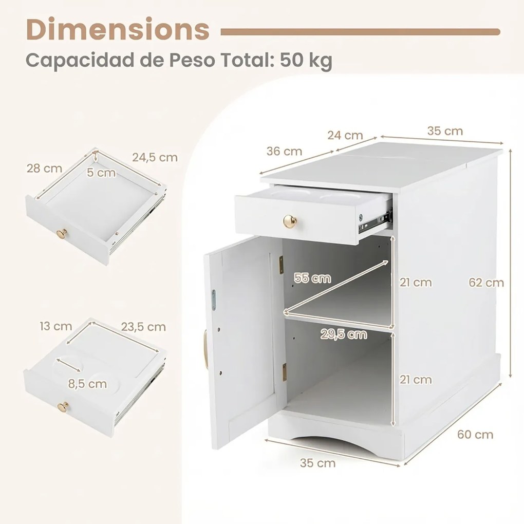 Mesa de cabeceira, Mesa apoio 35 x 60 x 62 cm com estação de carregamento com gaveta para quarto, sala e sofá Branca