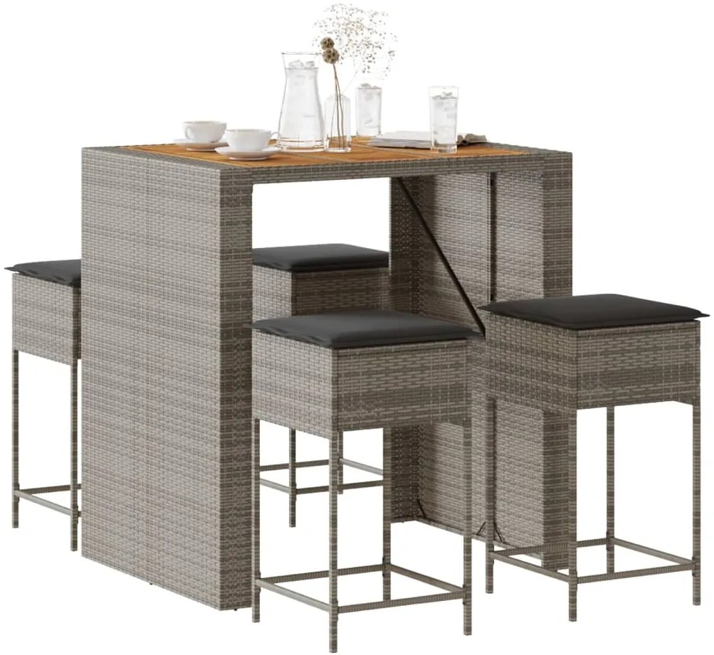 vidaXL 5 pcs conjunto de bar p/ jardim c/ almofadões vime PE cinzento