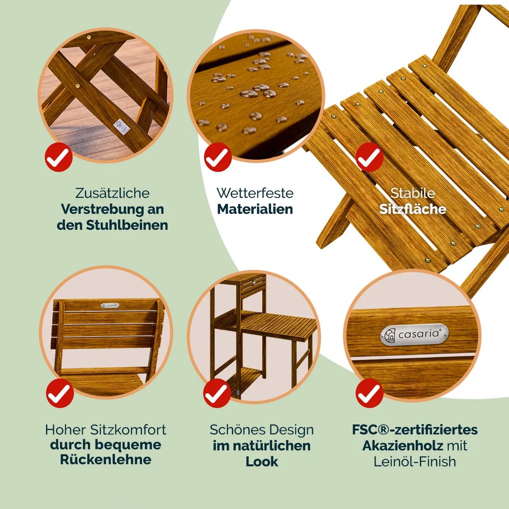 Conjunto de Jardim em madeira de acácia 3 pcs. Conjunto dobrável compacto