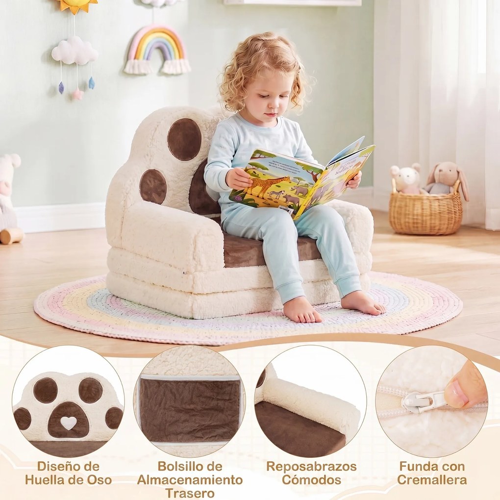Sofá-Cama Infantil em Forma de Pata de Urso, 57 x 44 x 47 cm, Convertível em Colchoneta, Castanho