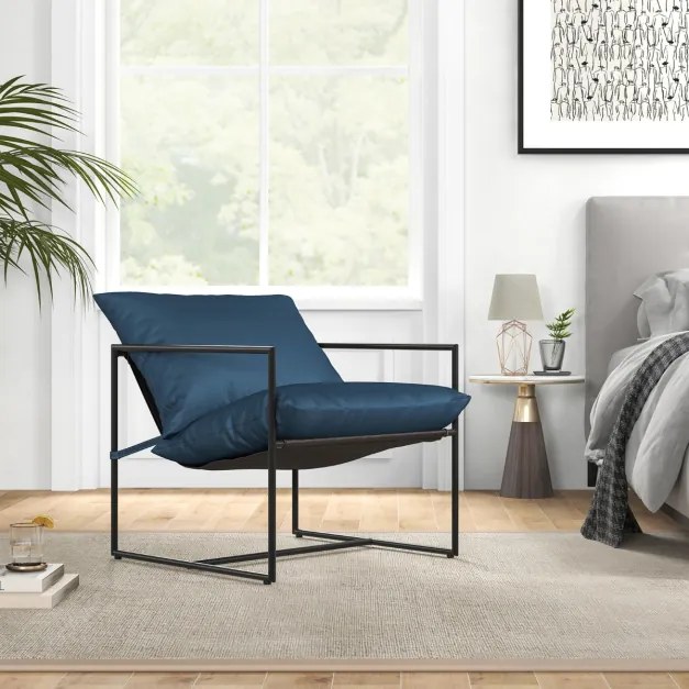 Conjunto de 2 Poltronas com Almofadas de Assento Sling Encosto Assento Tecido e Estrutura de Metal para Varanda 71 x 71 x 61 cm Azul + Preto