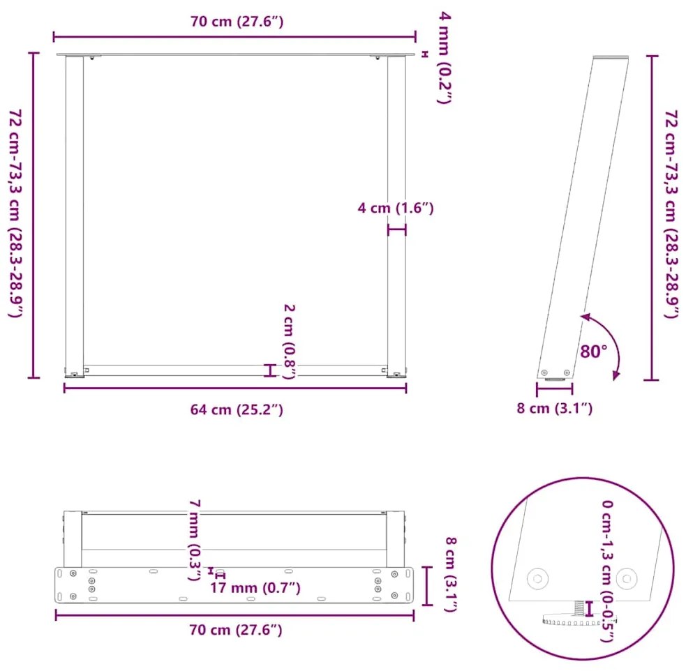 Pés para mesa de jantar em formato de U, 2 peças, aço natural, 70x(72-