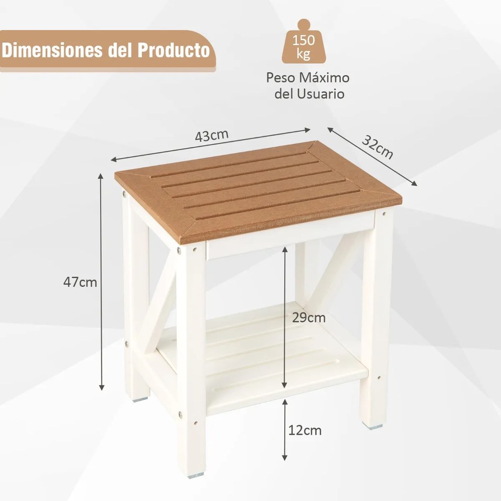 Banco de duche de 2 níveis com Estante à prova de água 43 x 32 x 47 cm Castanho e branco