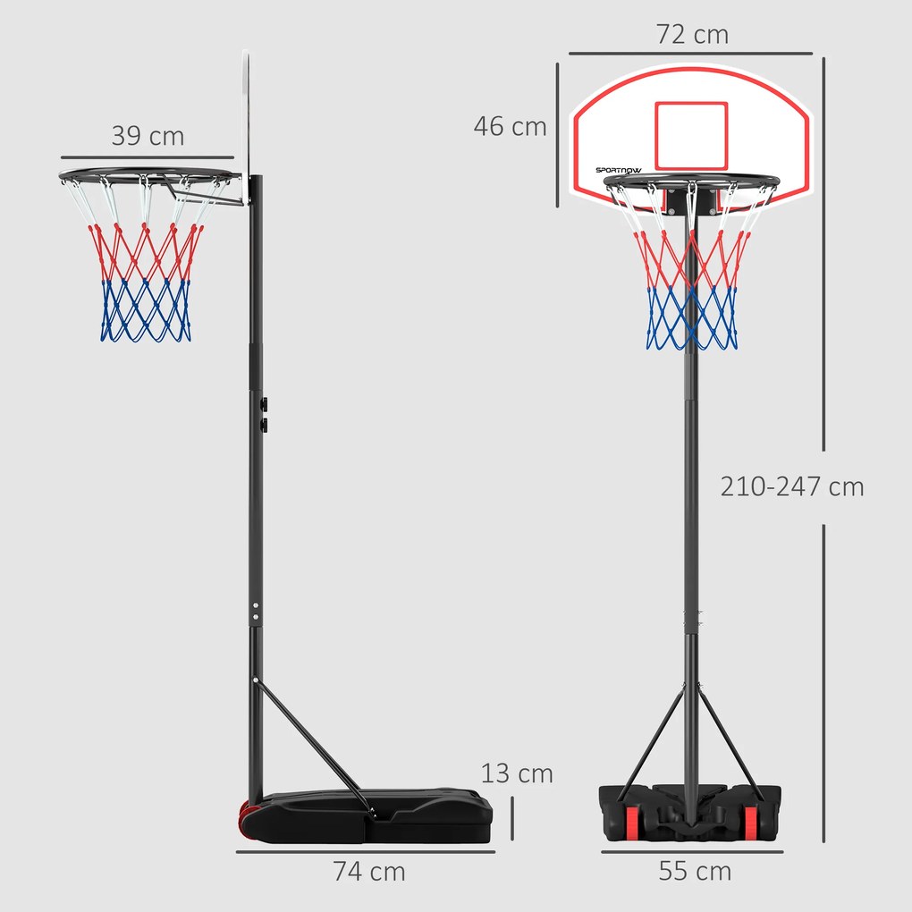 Cesto de Basquetebol para Exterior com Alvo de Dardos com Ajustável 210-247 cm Rodas Base preenchida com agua ou areia Preto