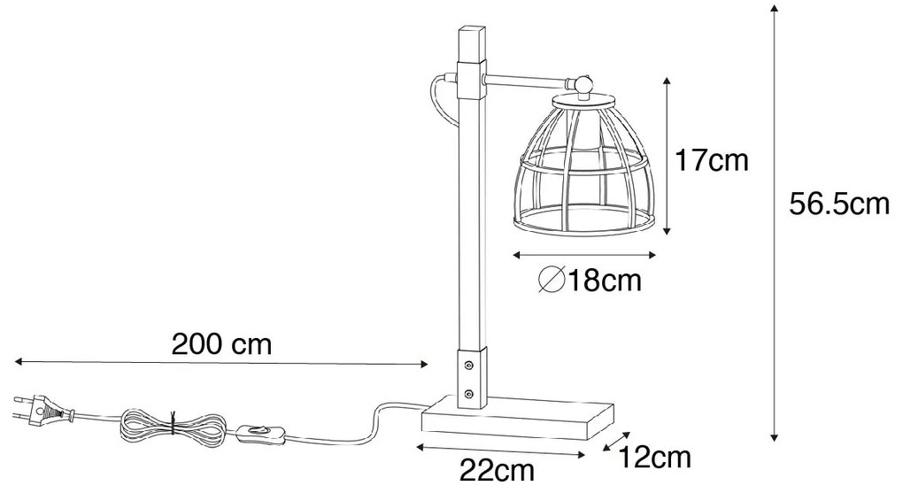 Candeeiro de mesa industrial cinzento escuro com madeira - Arthur Industrial