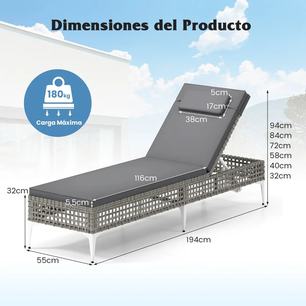 Espreguiçadeira de jardim com encosto ajustável em 6 níveis, almofada e apoio para a cabeça removíveis com capa com fecho de correr cinzenta