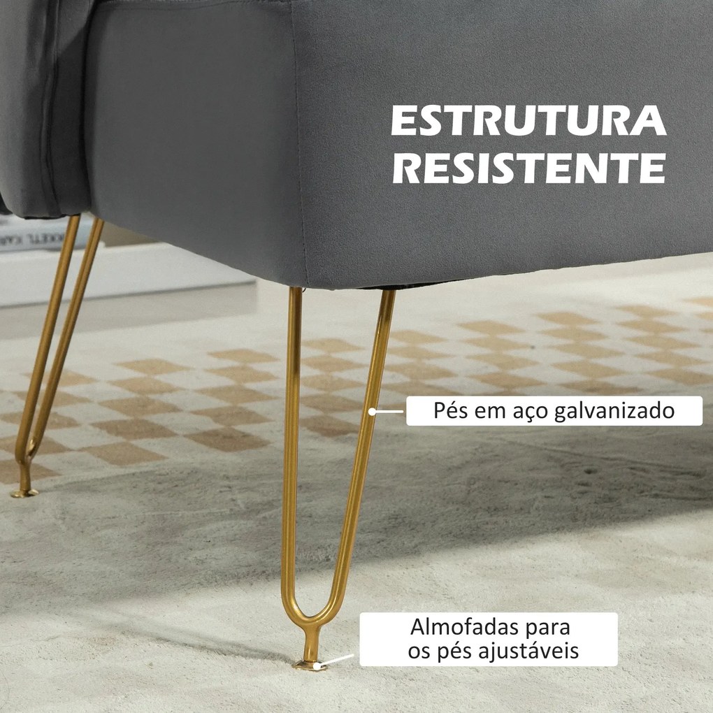 Sofá Elegance de 2 Lugares - Veludo Cinza com Pés Dourados e Almofadas