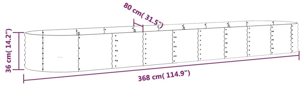 Canteiro elevado jardim 368x80x36cm aço revestido a pó cinzento