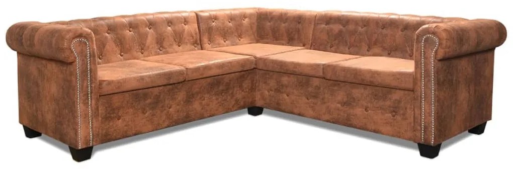 Sofá de canto Chesterfield 5 lugares couro artificial castanho