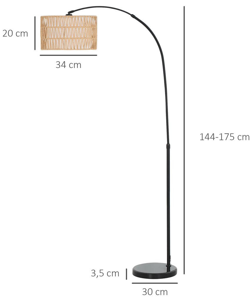 Candeeiro de Pé com Altura Ajustável Ecrã de Juta Interruptor de Pé e Base de Mármore 93x34x144-175 cm Preto, castanho e branco