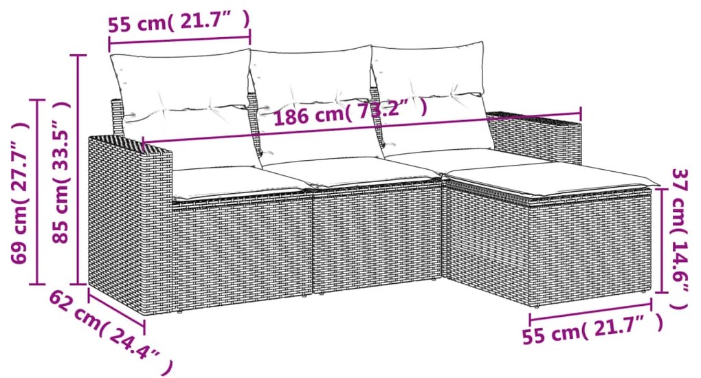 4 pcs conjunto sofás de jardim c/ almofadões vime PE cinzento