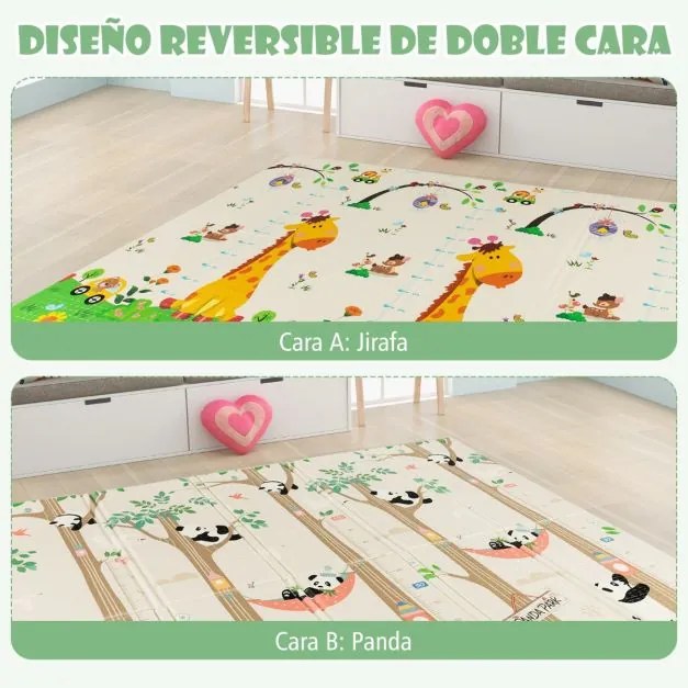 Tapete infantil dobrável dupla face com panda e girafa, bolsa de transporte, tapete de brincar impermeável e reversível, 200 x 180 cm Multicolor