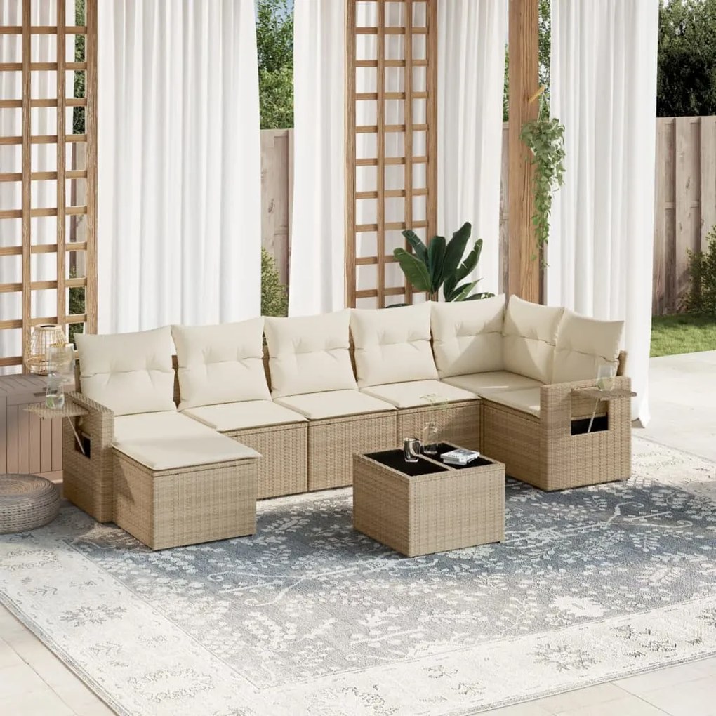 8 pcs conjunto de sofás p/ jardim com almofadões vime PE bege