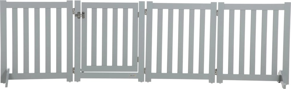 Barreira de segurança dobrável para cães  205 x 60 cm, de madeira, de dupla face, com 4 painéis e porta, pés de apoio, 205 x 60 cm, cinzenta