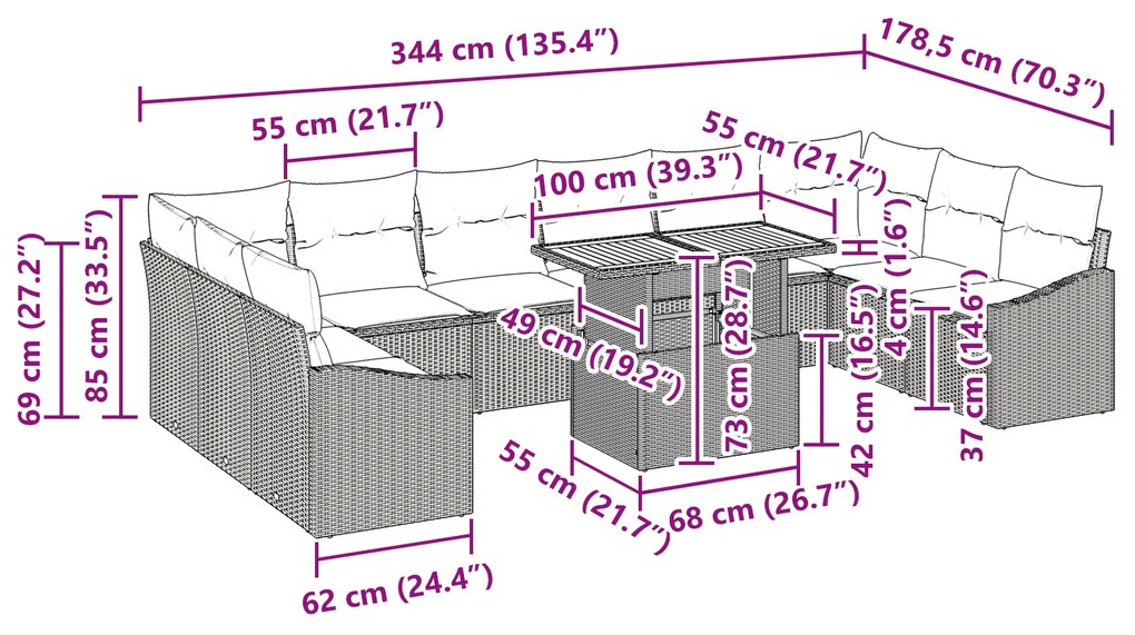 Conjunto de Jantar de 11 Peças para Jardim com Almofadas Cinzas de Rat
