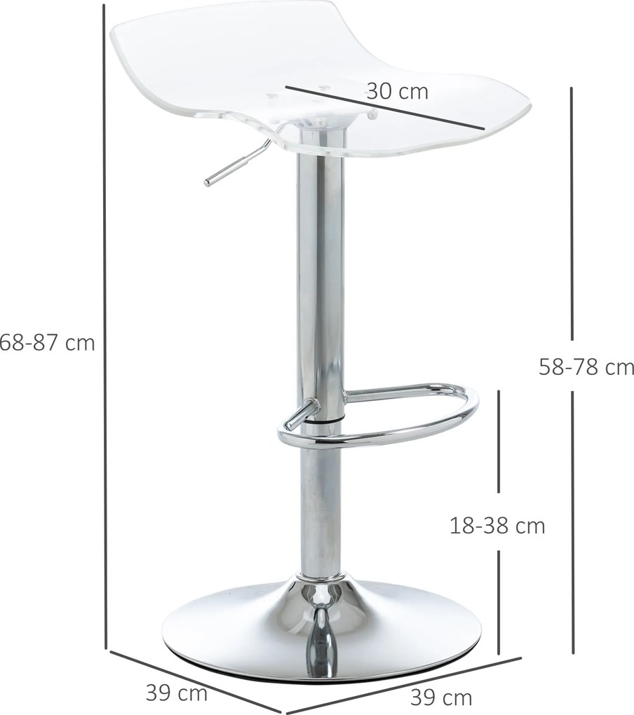 Conjunto de 2 bancos de bar com assento em acrílico e base em metal - giratórios a 360° - altura ajustável - transparentes