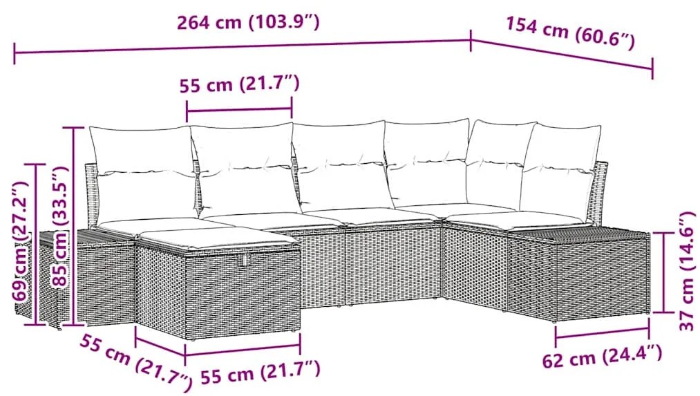 Conjunto de sofá de jardim de 6 peças com almofadas bege de polipropil