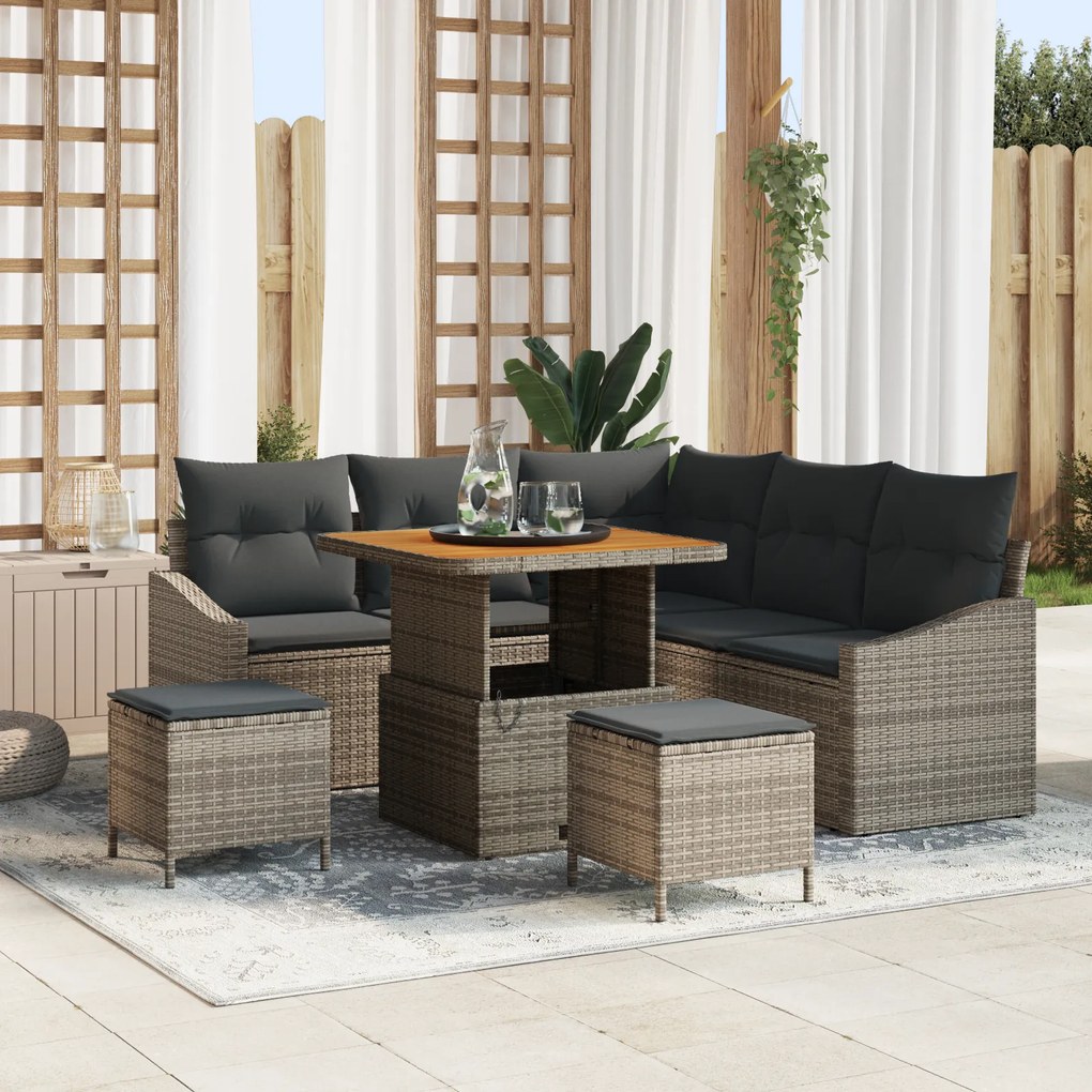 Conjunto de Sofá de Jardim vidaXL 8 Peças com Almofadas Cinza Vime PE Acácia