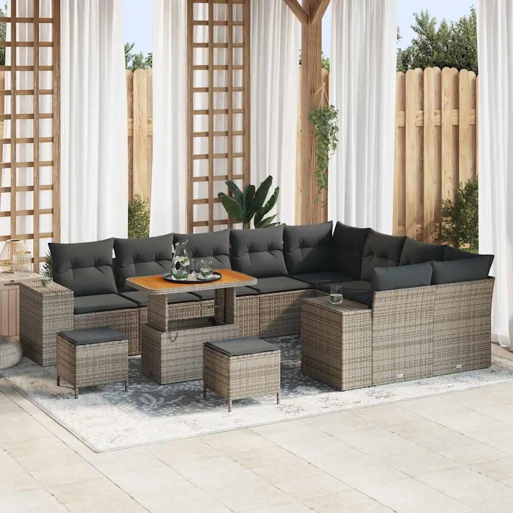 vidaXL Sofá de Jardim Modular de 12 Peças com Almofadas Cinzas em Rattan e Acácia