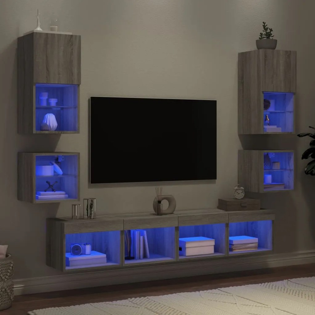 vidaXL 8 pcs móveis parede p/ TV c/ LEDs deriv. madeira cinza sonoma