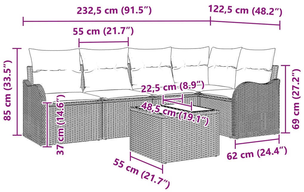 Conjunto de Sofá de Jardim 6 Peças com Almofadas Cinza Vime Poliéster