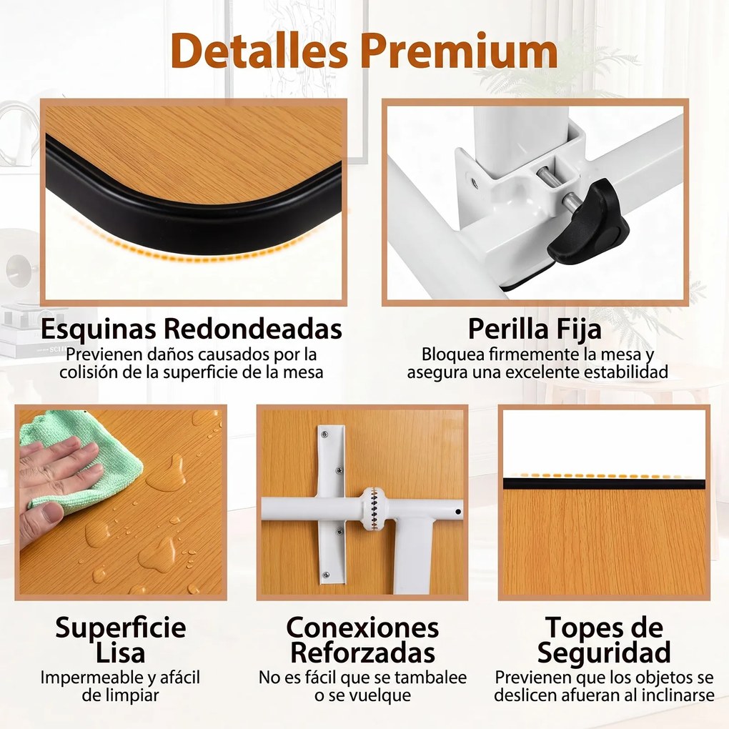 Mesa Auxiliar de Sofá em Forma de C, 80,5 x 40,5 x 73-94 cm, Altura Ajustável em 9 Níveis, Natural+Branco