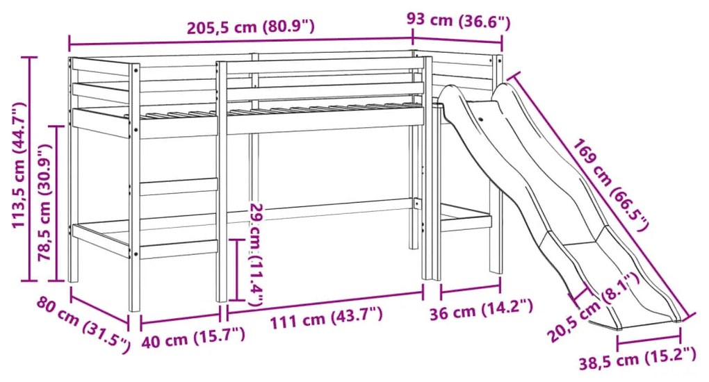 Cama alta p/ criança sem colchão 80x200 cm pinho maciço branco