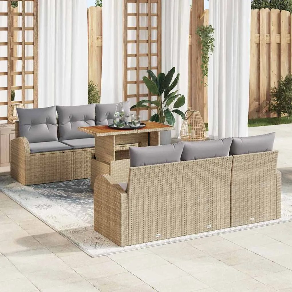 vidaXL Conjunto de sofá de jardim com 7 peças e almofadas bege em rattan sintético.