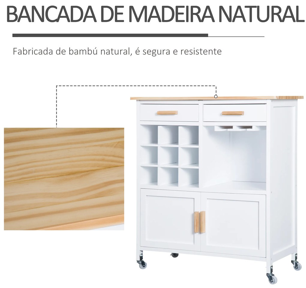 HOMCOM Carrinho de Cozinha Auxiliar com Rodas Carrinho de Cozinha com 2 Gavetas Suporte para 9 Garrafas Suporte para Taças Prateleira Aberta e Armário 76x40x88cm Branco