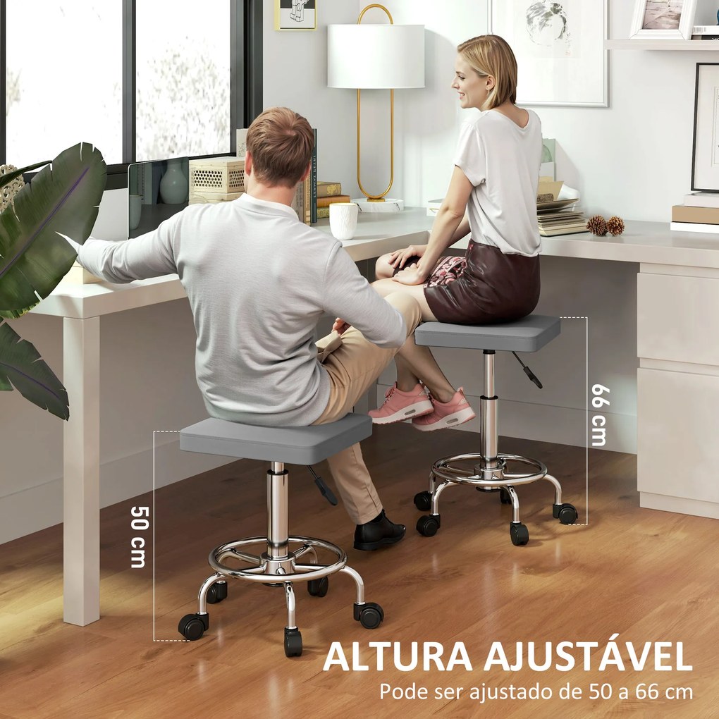 Banco Giratório com Rodas Altura Regulável 50-66 cm Assento Estofado em Imitação de Couro  34x34x50-66 cm Cinzento
