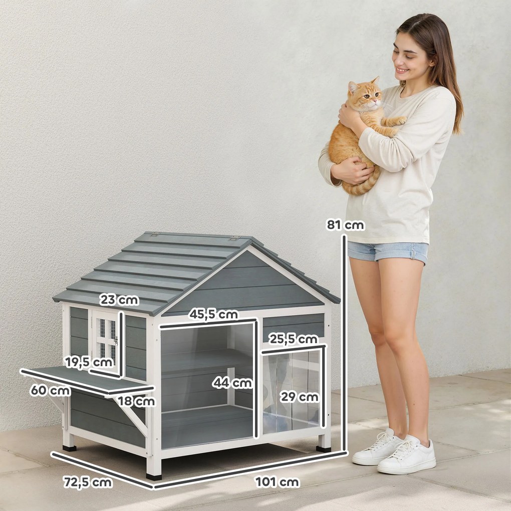 Casinha para gatos de exterior com teto abrível, janela panorâmica, porta de lâminas e plataforma de descanso, 101 x 72,5 x 81 cm, cinzenta