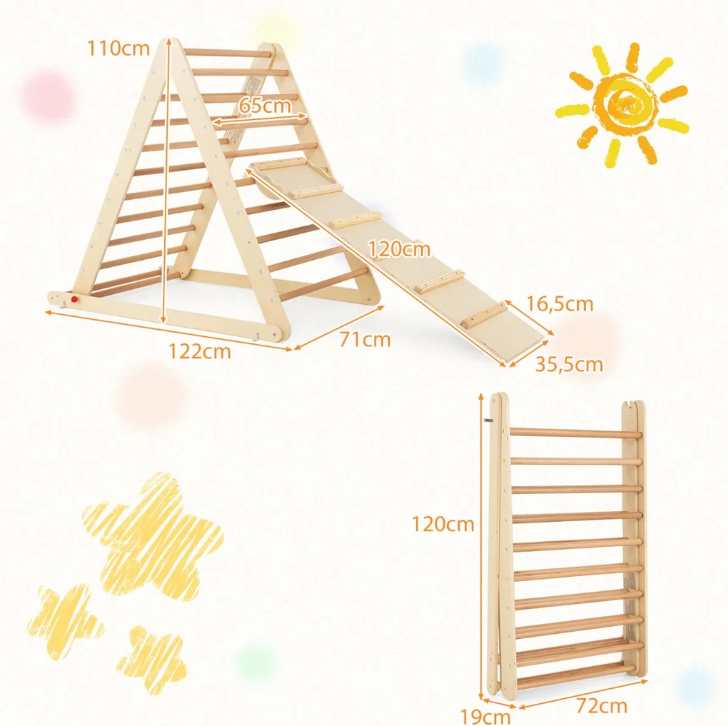 Escada triangular dobrável de madeira para crianças dos 6 meses aos 6 anos para a casa e o quarto das crianças 122 x 71 x 110 cm Natural