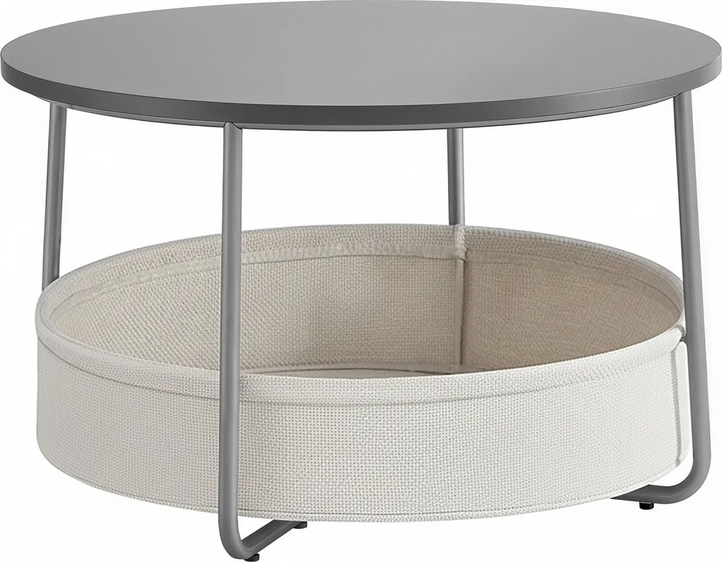Mesa de centro redonda com cesto em tecido 75 cm de diâmetro e 45 cm de altura cinza cimento-branco creme