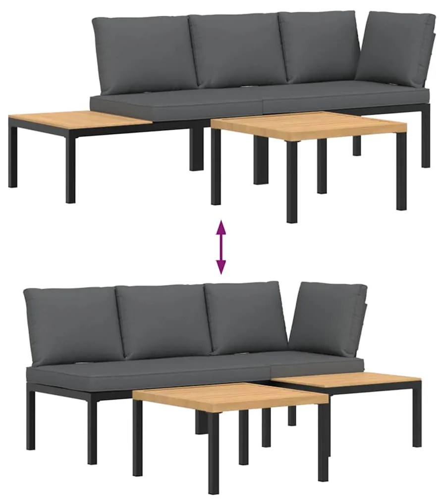 3 pcs conjunto de sofás p/ jardim c/ almofadões alumínio preto