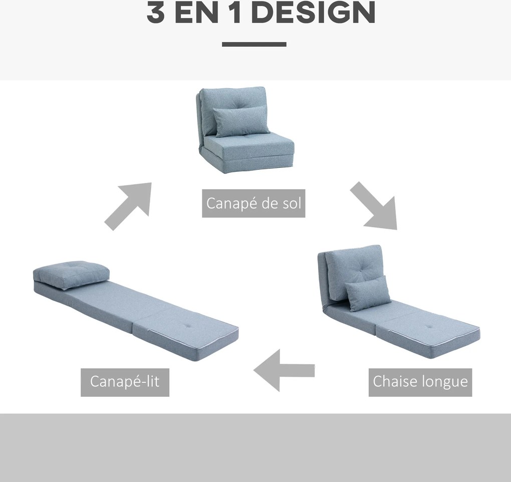 Poltrona-sofá-cama convertível de 1 lugar com 1 almofada e encosto ajustável, azul