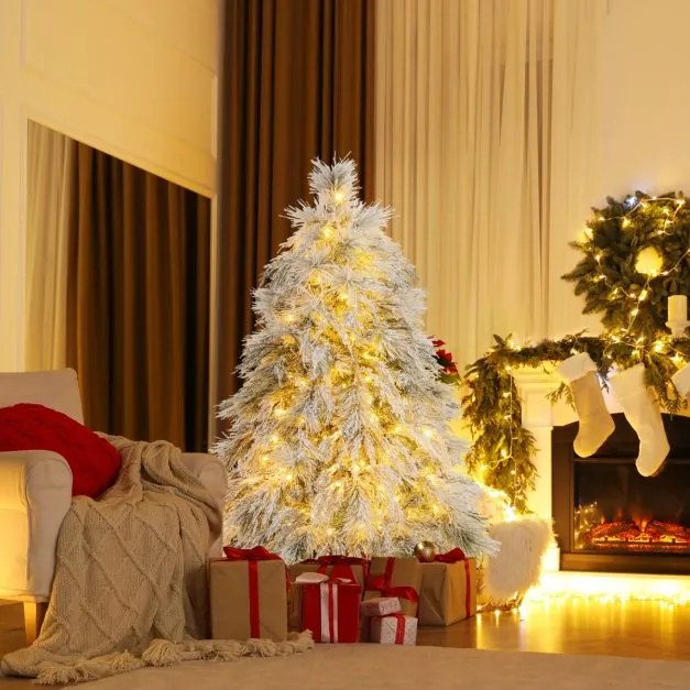 Árvore de Natal com neve artificial de 146 cm com luzes LED brancas quentes Agulhas de pinheiro e folhas de salgueiro Decoração pré-iluminada Verde e
