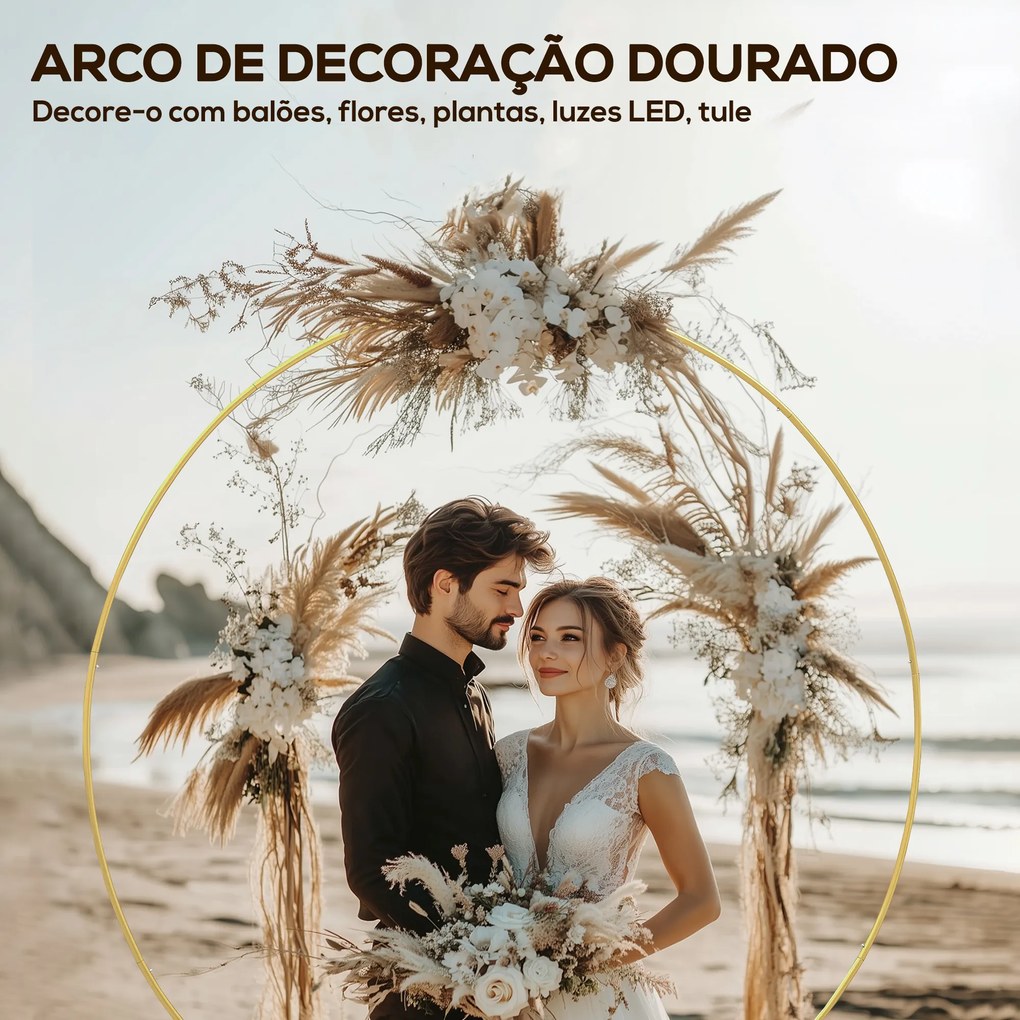 Arco de Jardim de Metal Redondo Arco de Decoração com Revestimento em Pó para Plantas Trepadoras Flores Decoração 230x28x234 cm Dourado