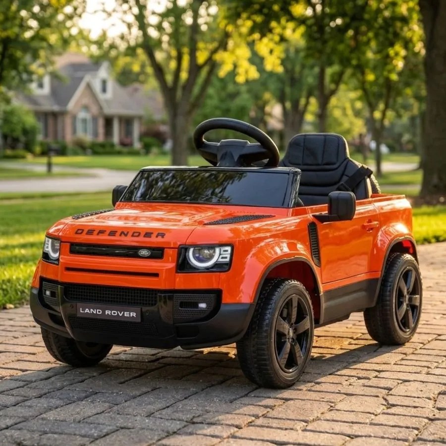 Carro elétrico para Crianças 12V 4x4 Land Rover Defender Rodas de espuma EVA, Assento Couro ecológico, Controlo remoto Laranja