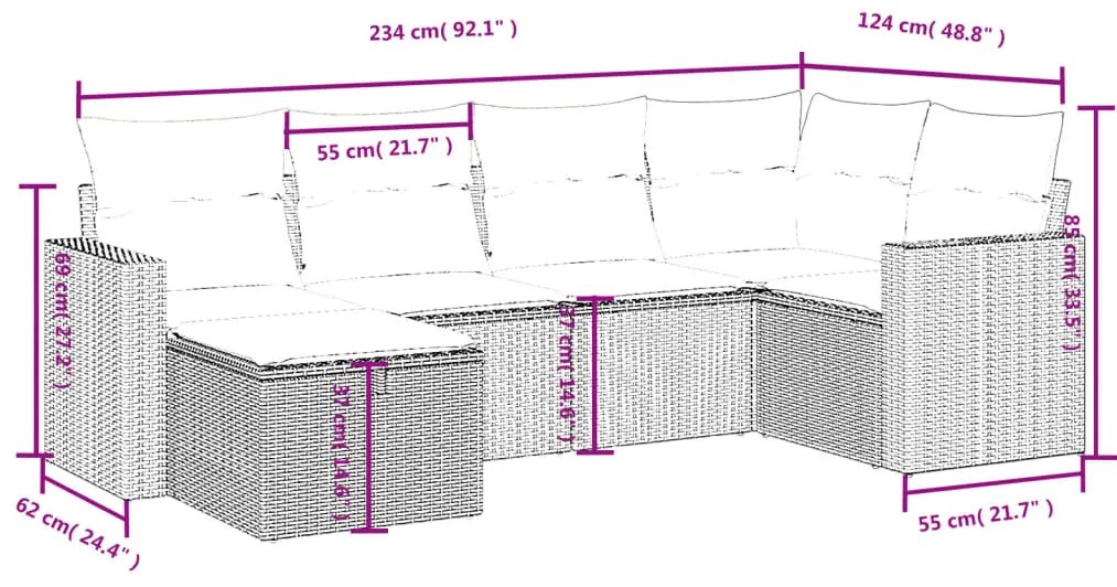 6 pcs conjunto de sofás jardim c/ almofadões vime PE castanho