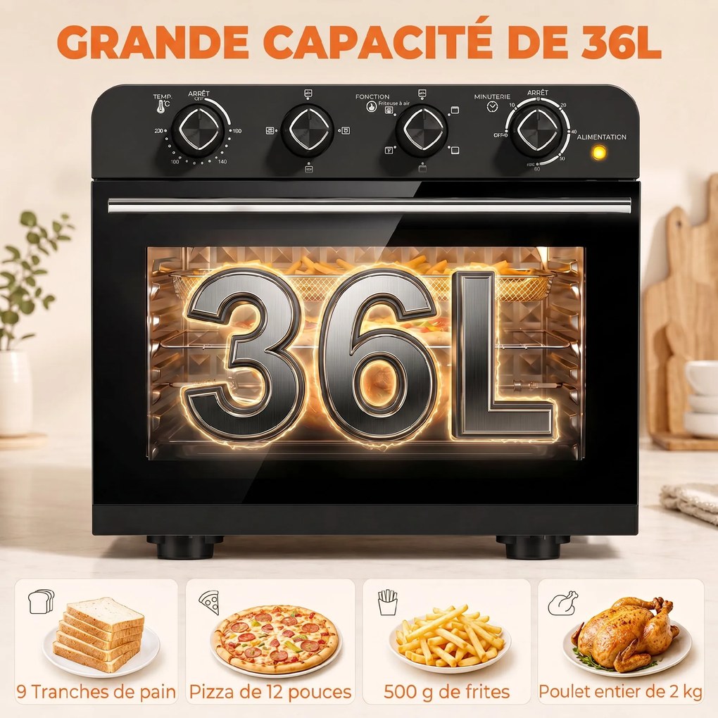 Forno Fritadeira a Ar Quente, 54 x 48 x 48,2 cm, Capacidade de 36 L, Preto