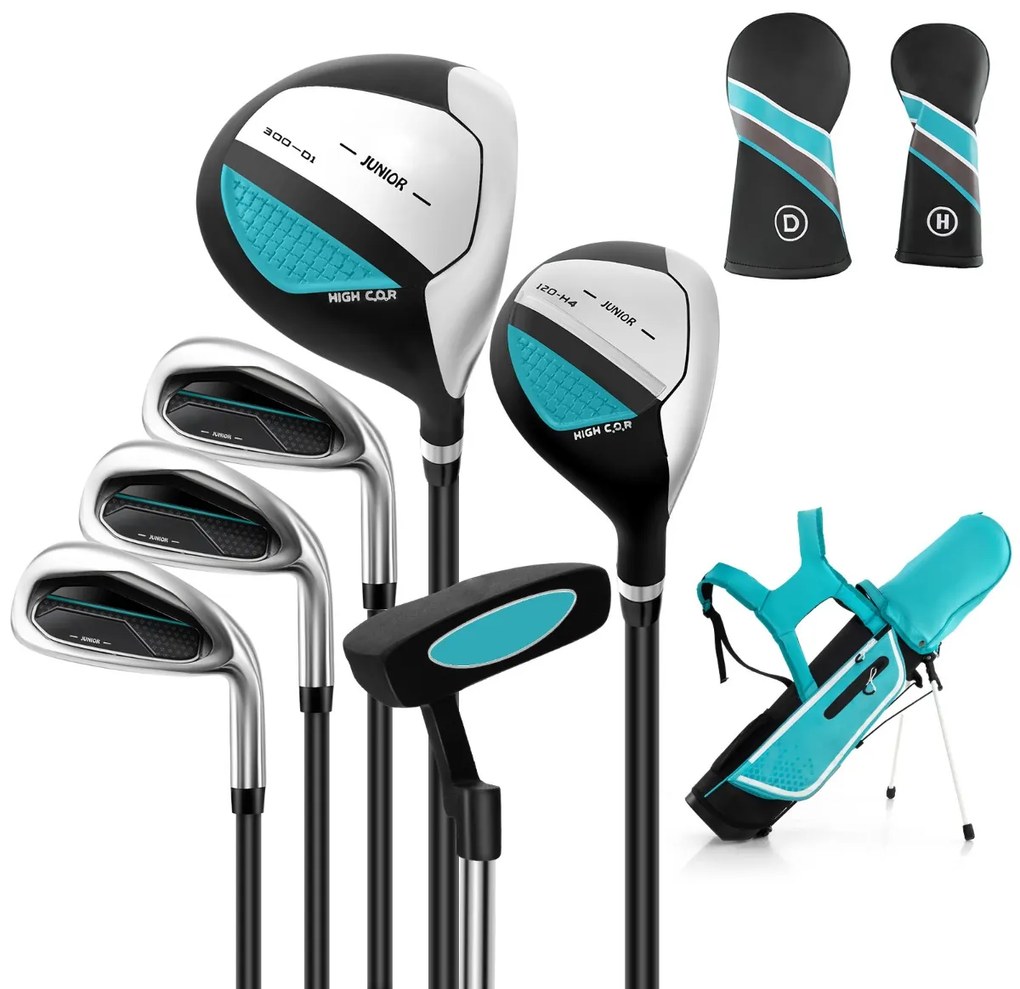 Conjunto de tacos de golfe para crianças dos 11 aos 13 anos, incluindo saco de apoio com capuz para chuva Driver n.º 1 Híbrido n.º 5 Ferros e Putter n